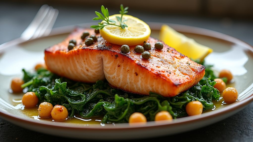 crispy salmon with mustard greens